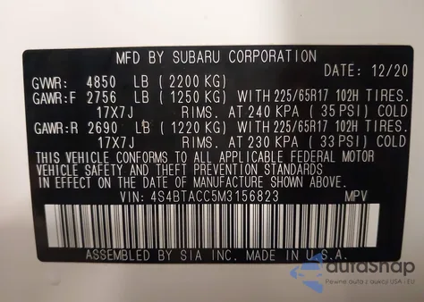 2021 Subaru Outback Premium из США, поврежденный, VIN 4S4BTACC5M3156823